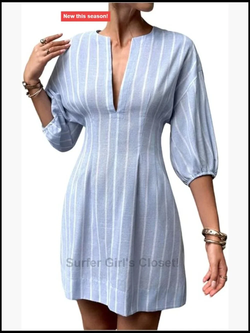 Women's Striped Knit Shirt Dress Notch V Neck 3/4 Sleeve Business Casual